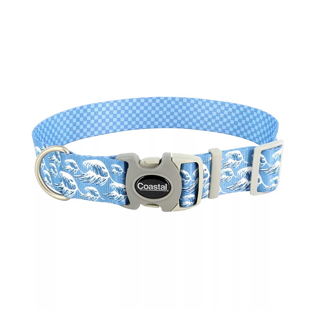 SUBLIME Adjustable Dog Collar, Blue Waves & Checkers